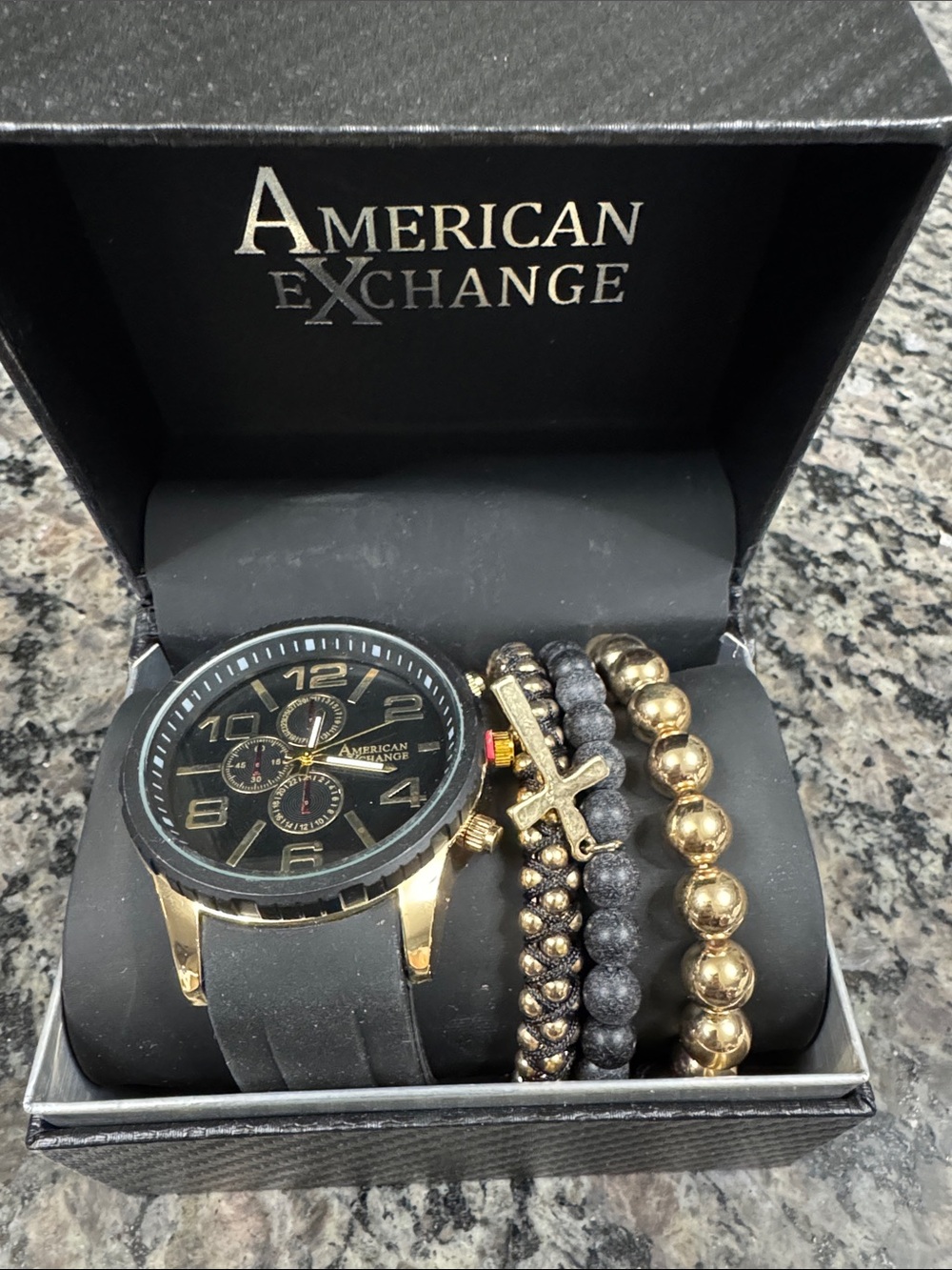 American Exchange Gold and Black Chronograph Watch with Bracelet Stack new